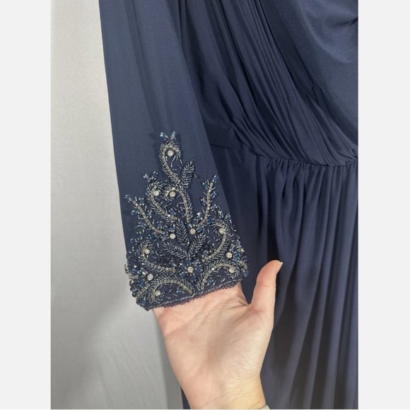 NWT Mac Duggal [ Plus 18W ] Ruched‎ One-Shoulder Long-Sleeve Gown Blue - Picture 5 of 16